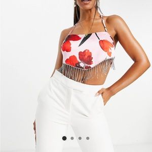 Scarf Top with Embellished Fringe Hem